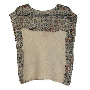 Ted Baker Women's Knit Top‎ Botanical Print Sheer Sleeve Buttons Cream Size 2